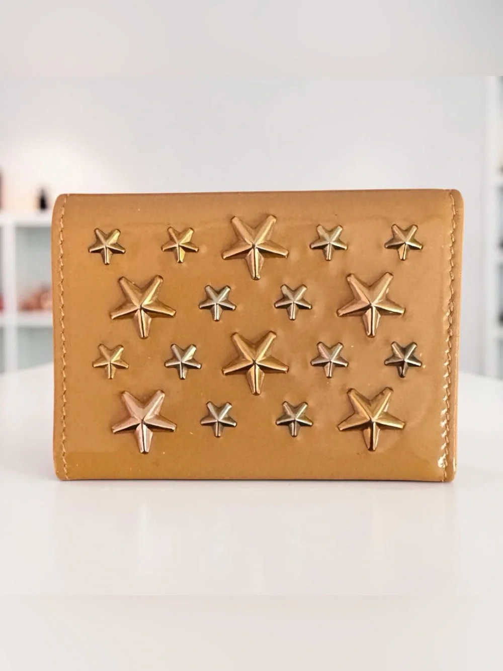Rare Compact Jimmy Choo Patent Star-Studded Leather Wallet